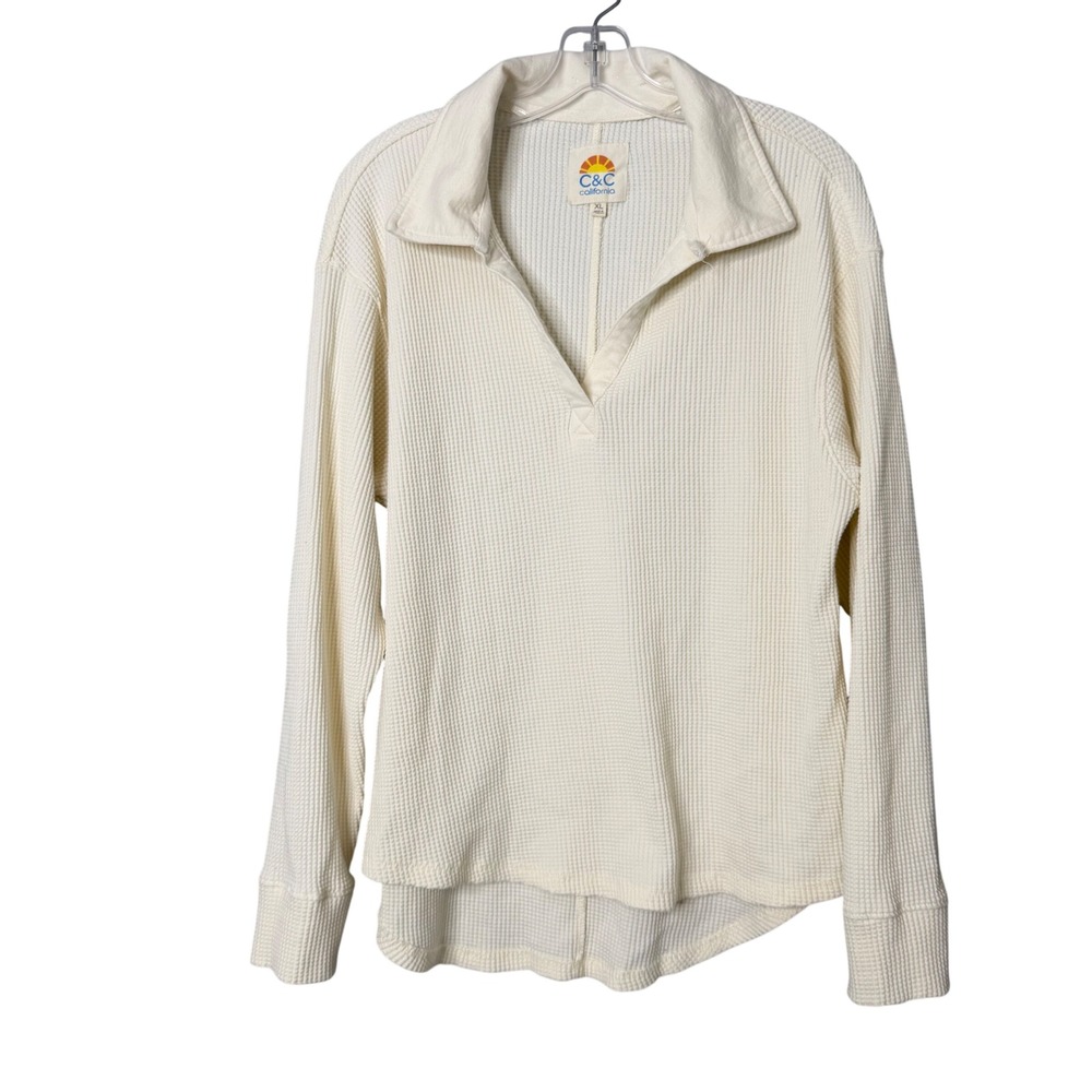 C&C California Waffle Knit Pullover Womens XL Ivory Thermal V Neck Polo Collar